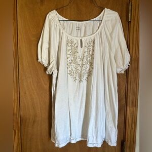 Basic Editions Cream Peasant Tunic with Gold Embroidery